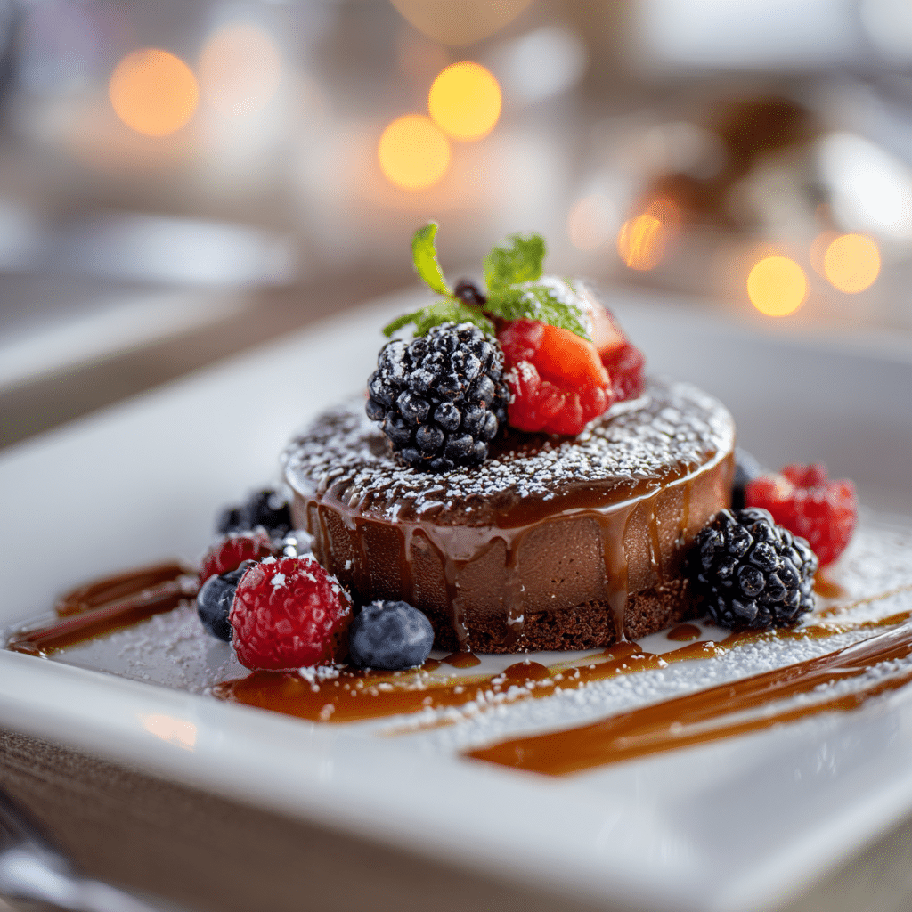One of the Best Desserts Ever – Rich chocolate mousse with fresh berries and caramel drizzle