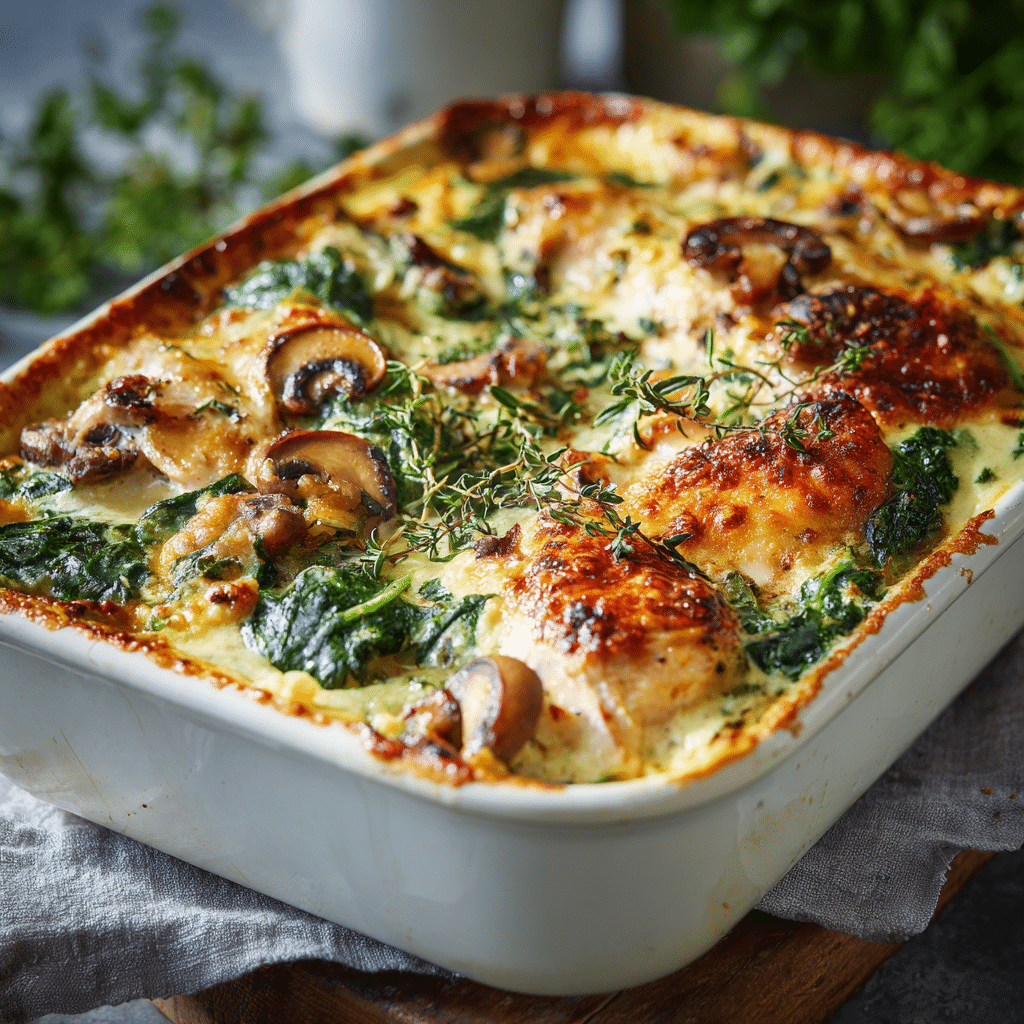 Golden chicken spinach and mushroom bake fresh from the oven.