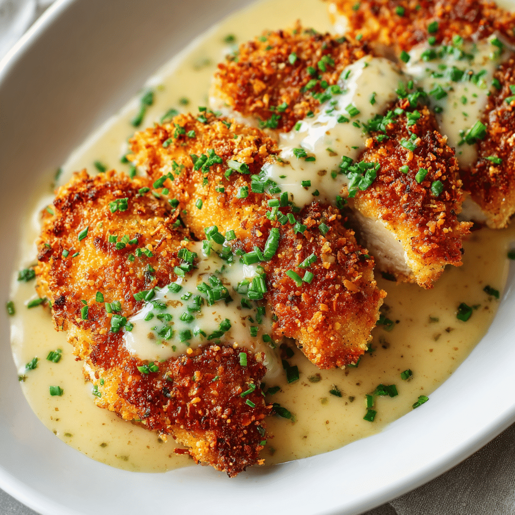 Parmesan crusted chicken with creamy garlic sauce on a plate.