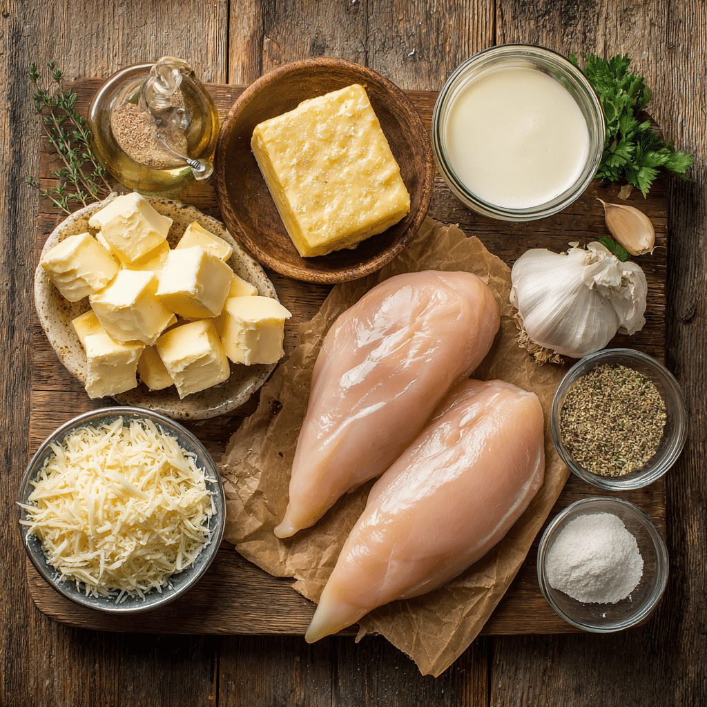 Ingredients for parmesan crusted chicken with creamy garlic sauce.