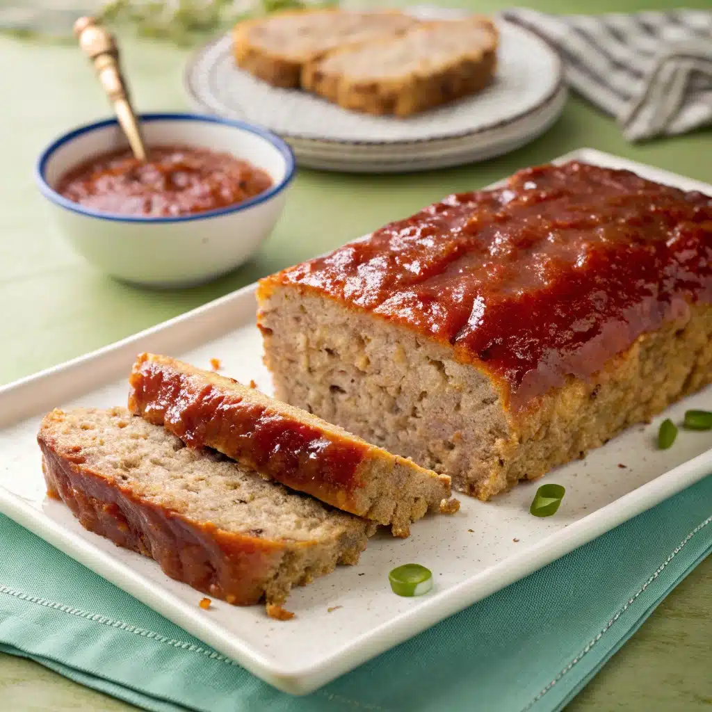 Easy Chicken Meatloaf Recipe sliced and served on a platter