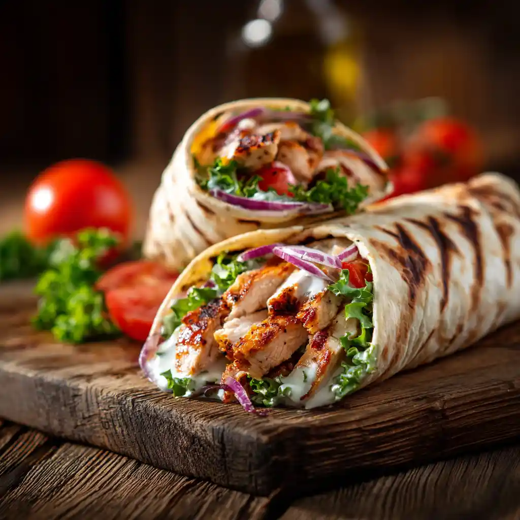 Served grilled chicken wrap recipe with dipping sauce
