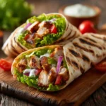 Served grilled chicken wrap recipe with dipping sauce