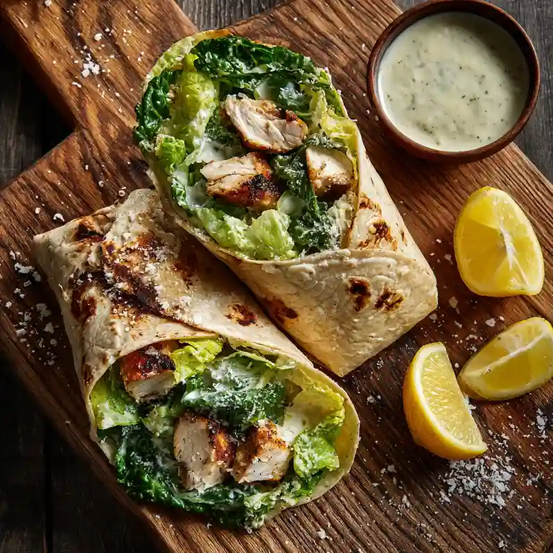 Grilled Chicken Caesar Salad Wrap on wooden table