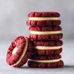 red velvet thumbprint cookies on a baking tray in a modern kitchen