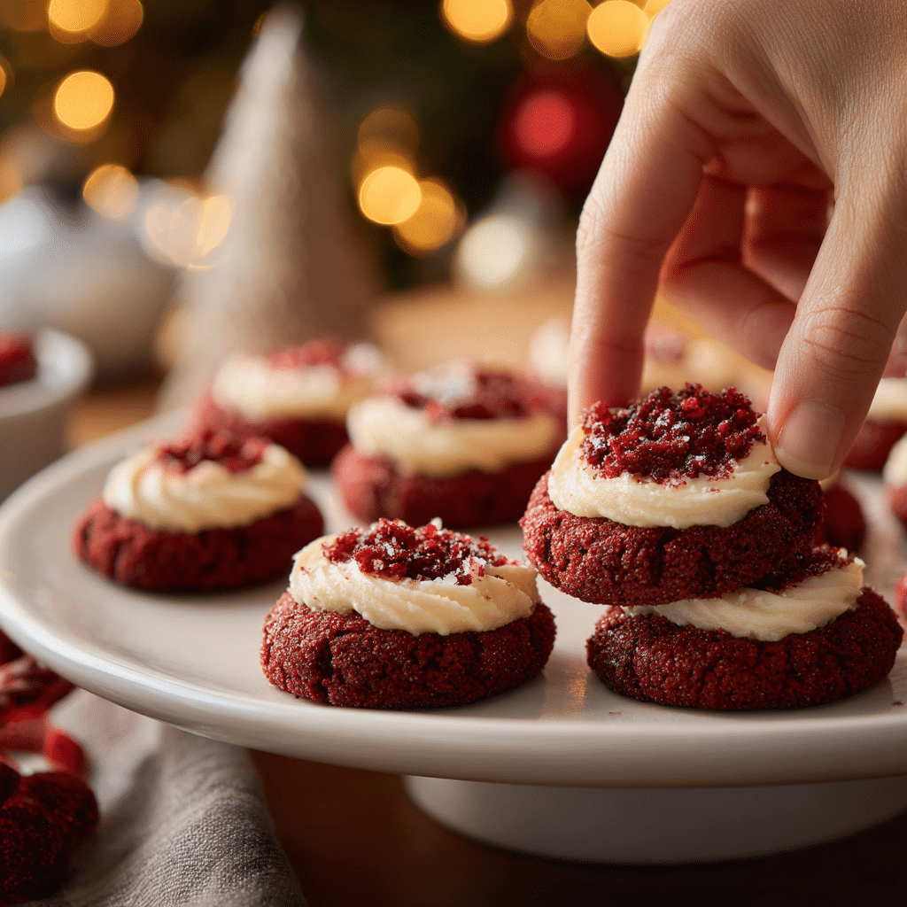 person serving red velvet thumbprint cookies in a kitchen