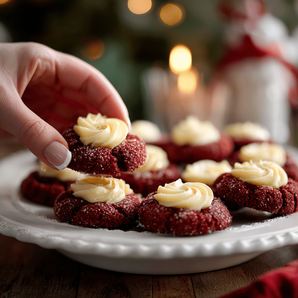 red velvet thumbprint cookies on a baking tray in a modern kitchen