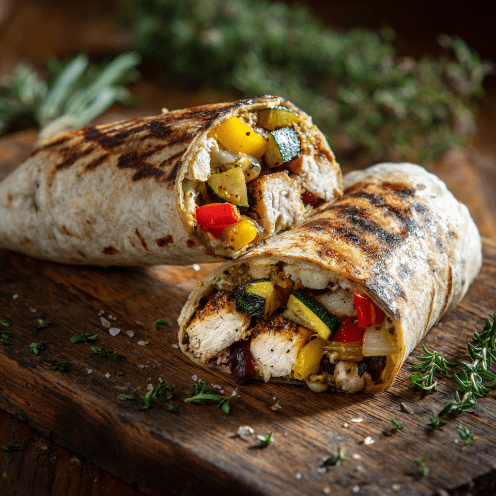 Grilled chicken wrap with roasted veggies on rustic table