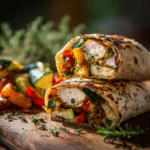 Grilled chicken wrap with roasted veggies on rustic table