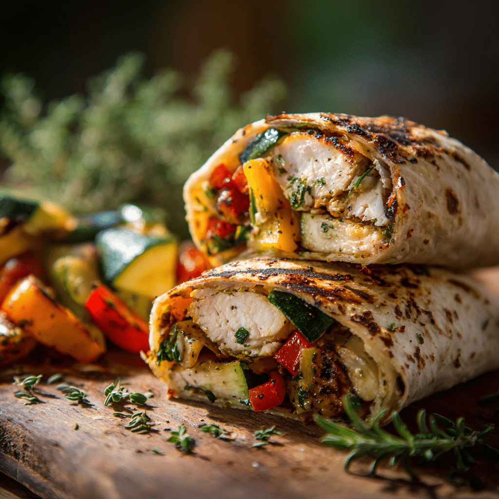 Grilled chicken wrap with roasted veggies on rustic table