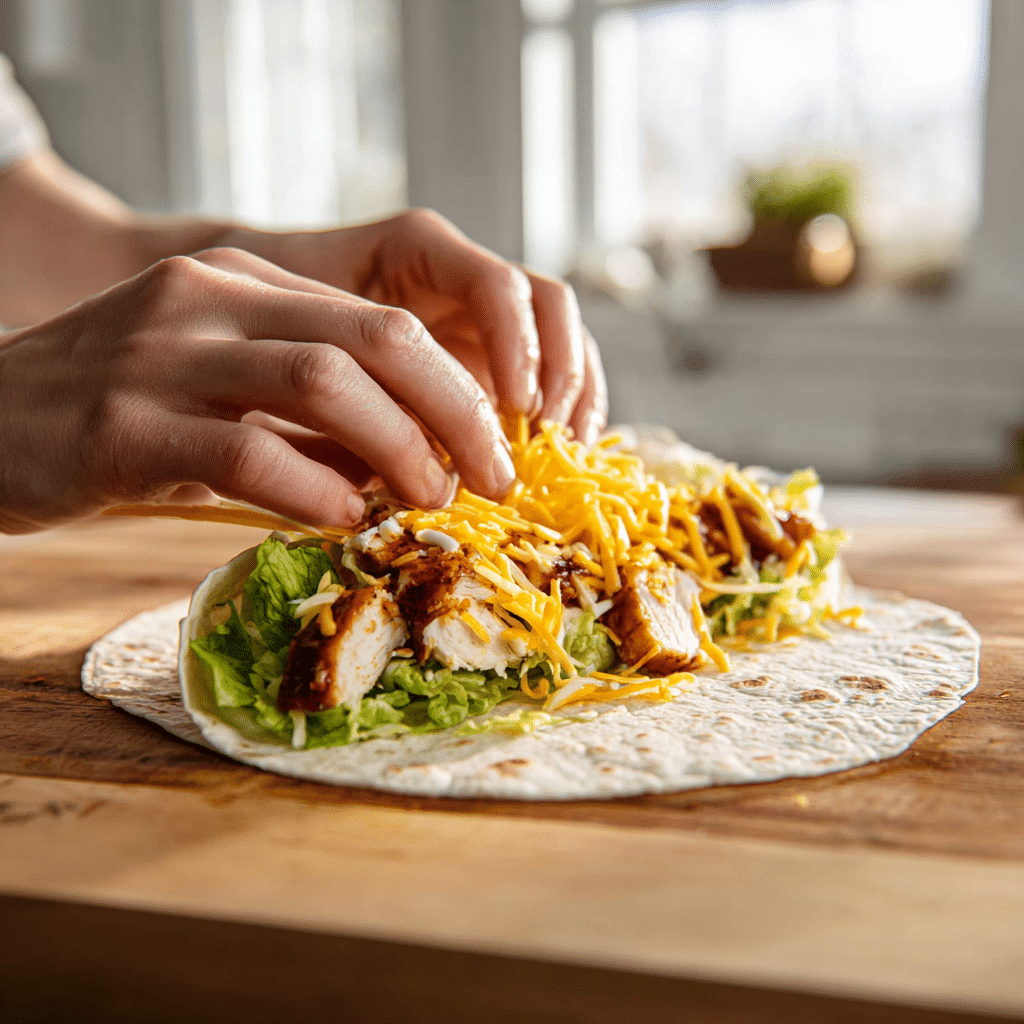 Female hands assembling BBQ Ranch Chicken Wrap step-by-step