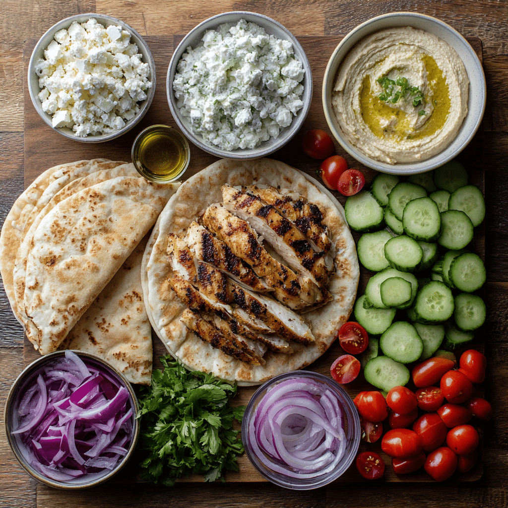 Mediterranean chicken wrap ingredients flat lay