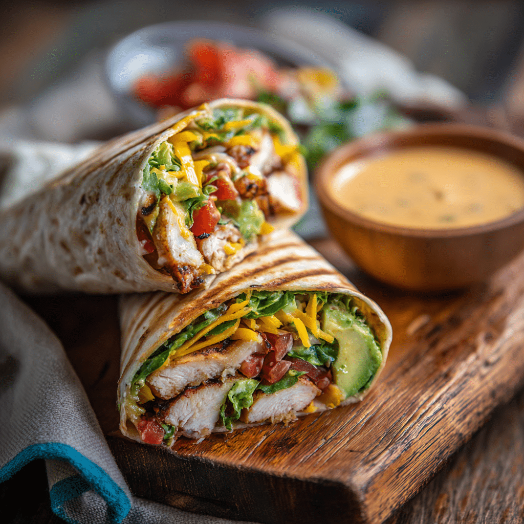Grilled Chicken Wrap with Cowboy or Spicy Ranch Sauce on a wooden board
