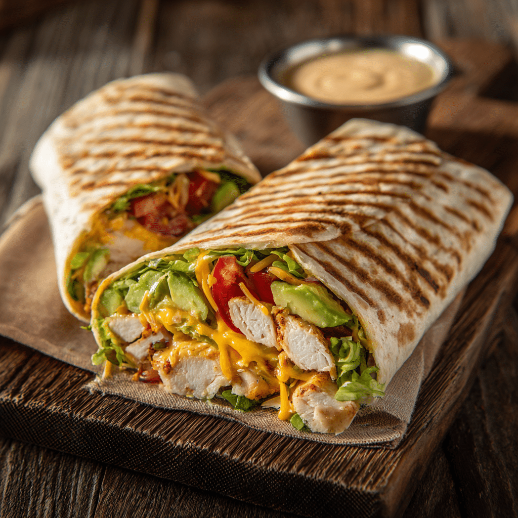 Grilled Chicken Wrap with Cowboy or Spicy Ranch Sauce on a wooden board