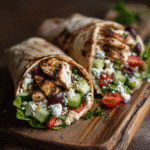 Mediterranean Grilled Chicken Wrap with veggies and hummus