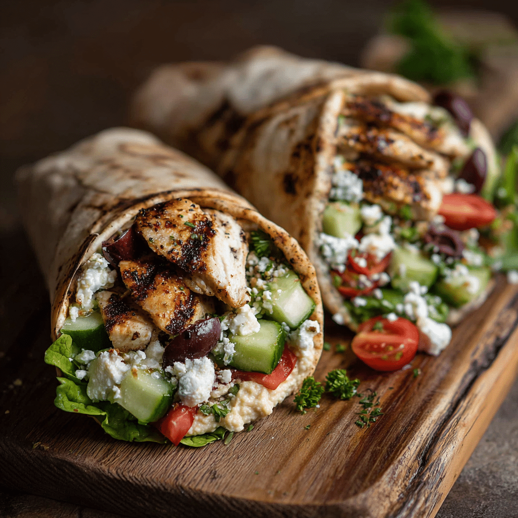 Mediterranean Grilled Chicken Wrap with veggies and hummus