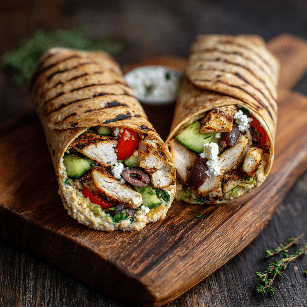 Mediterranean Grilled Chicken Wrap with veggies and hummus