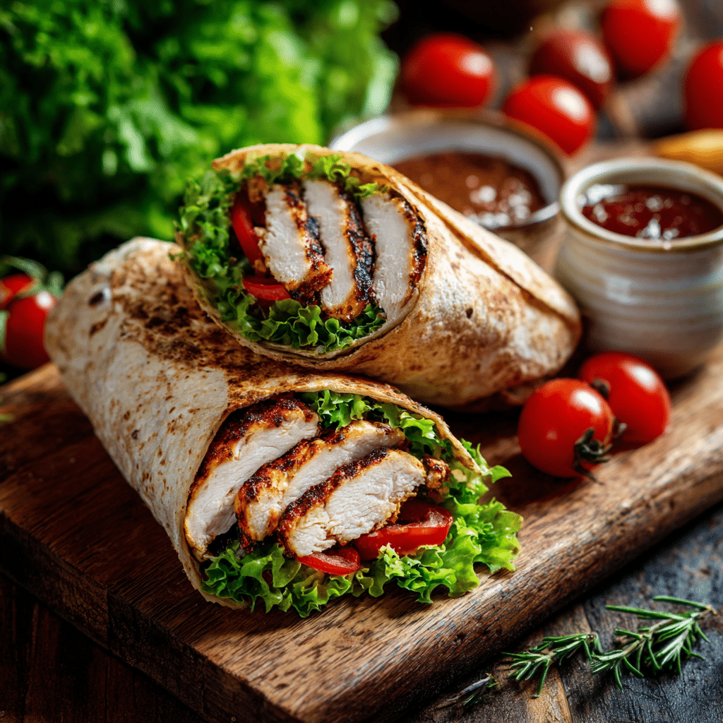 grilled chicken wrap recipe on wooden board