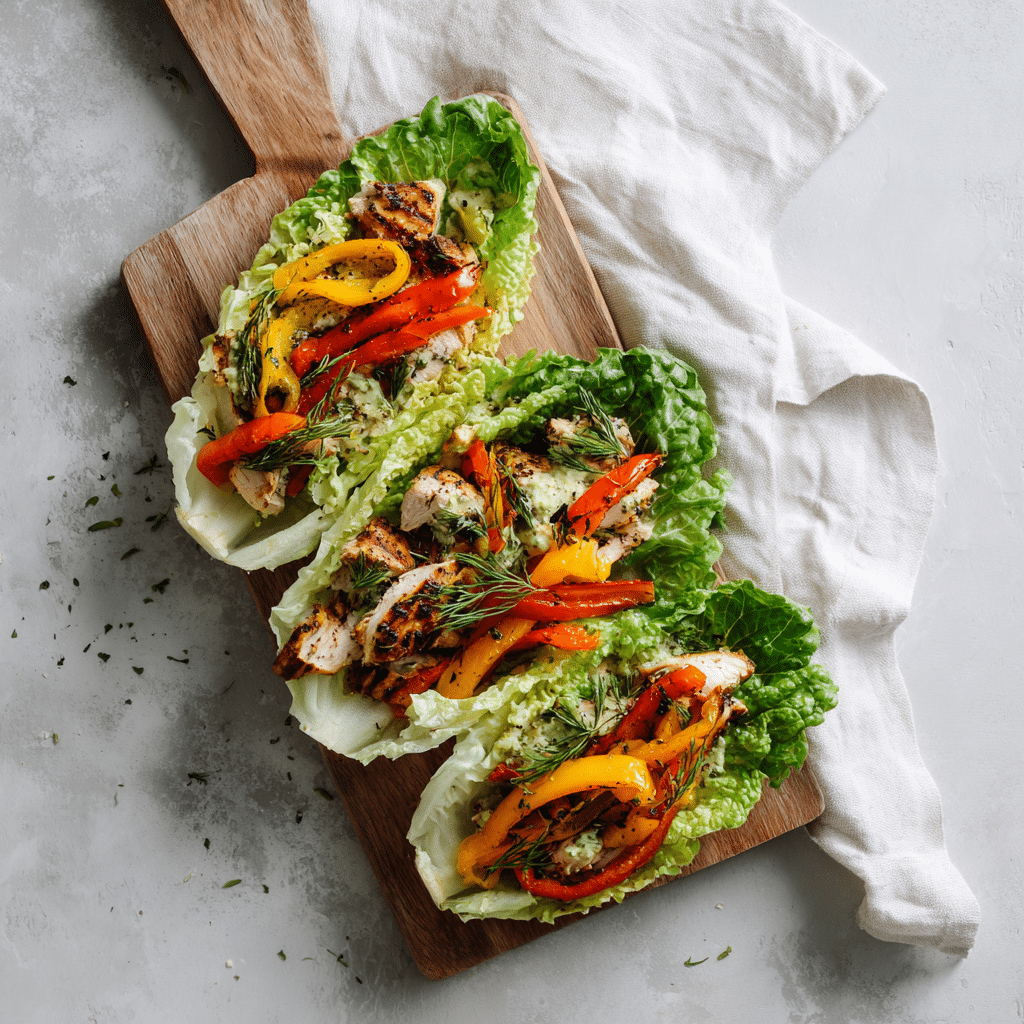 Chicken & Veggie Lettuce Wraps on wooden table