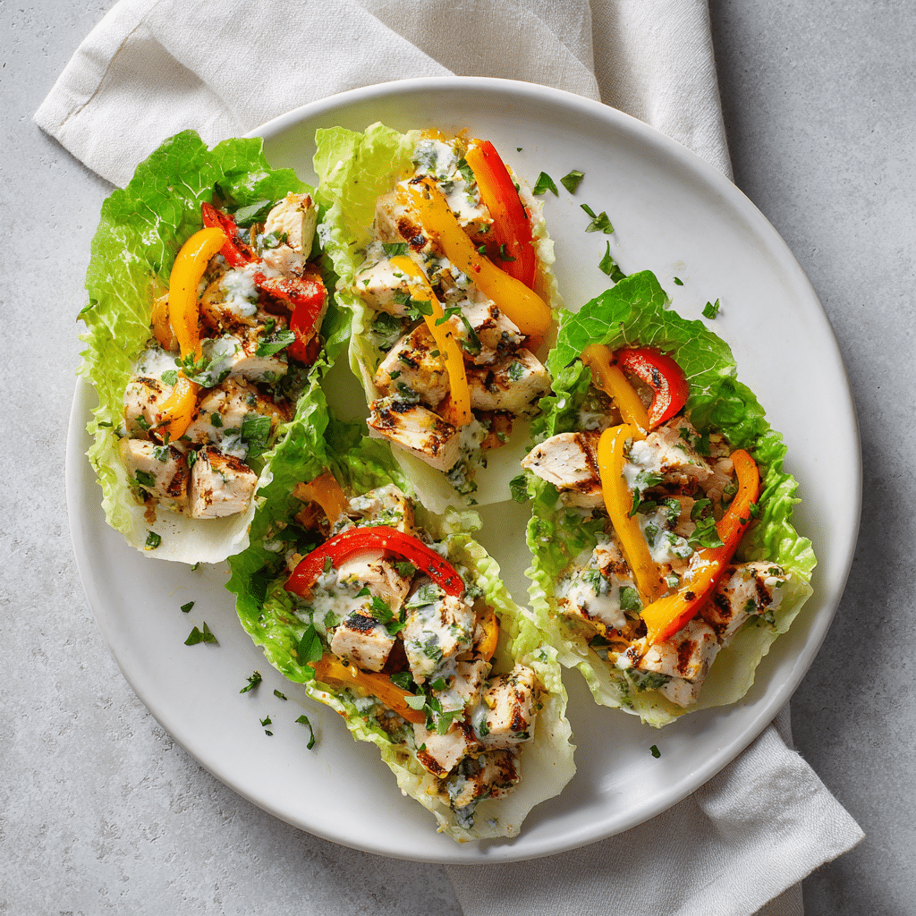 Chicken & Veggie Lettuce Wraps on wooden table