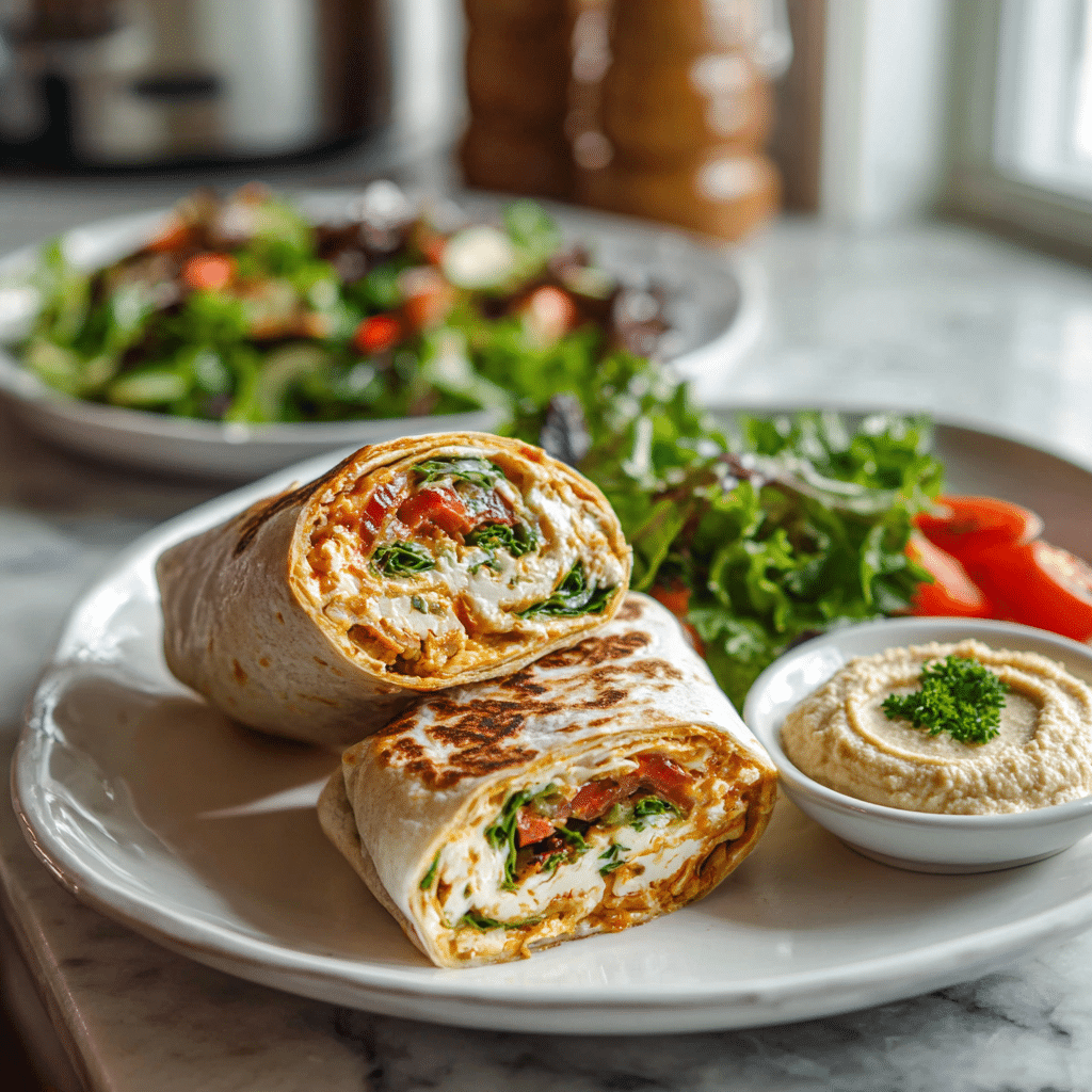 Grilled chicken wrap with roasted veggies served with salad