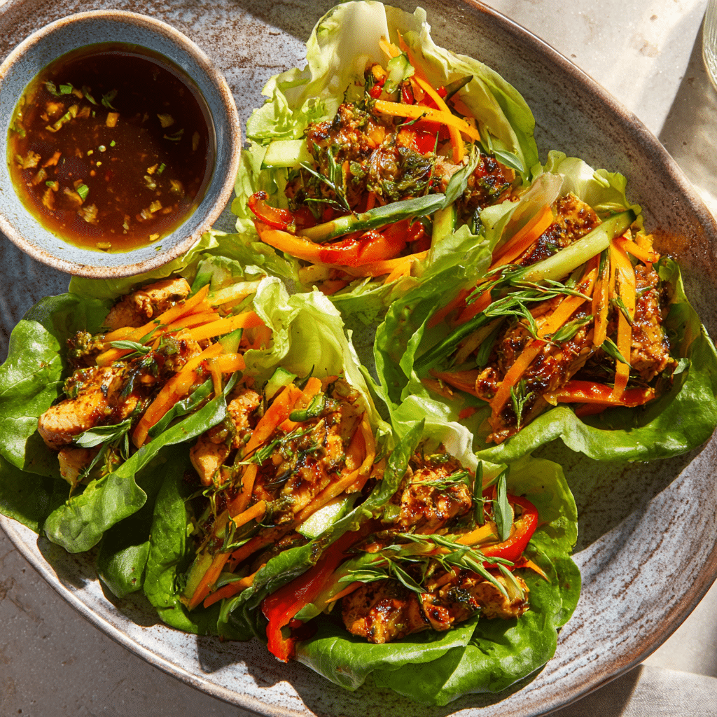 Served chicken & veggie lettuce wraps with dipping sauce