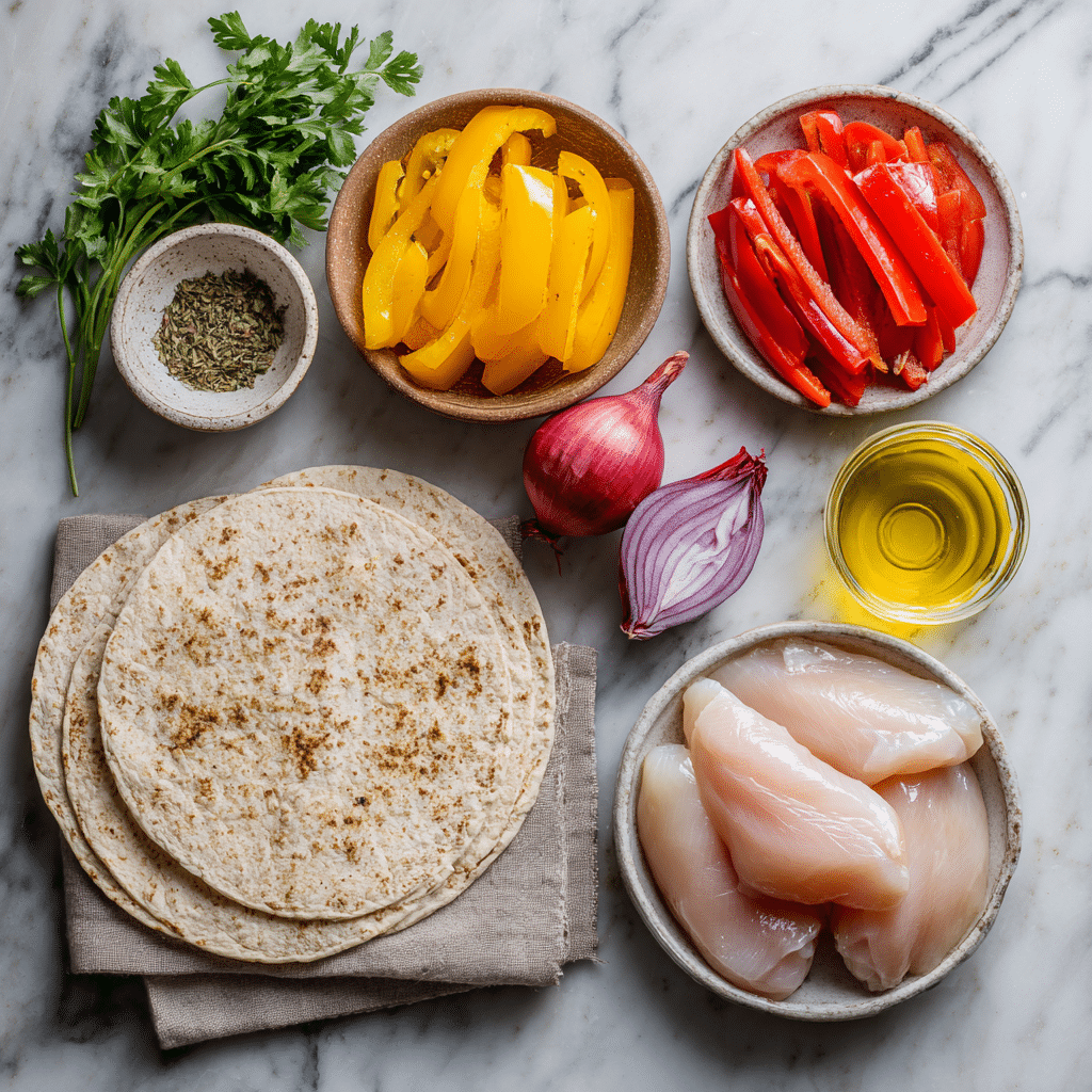 Ingredients for grilled chicken wrap with roasted veggies