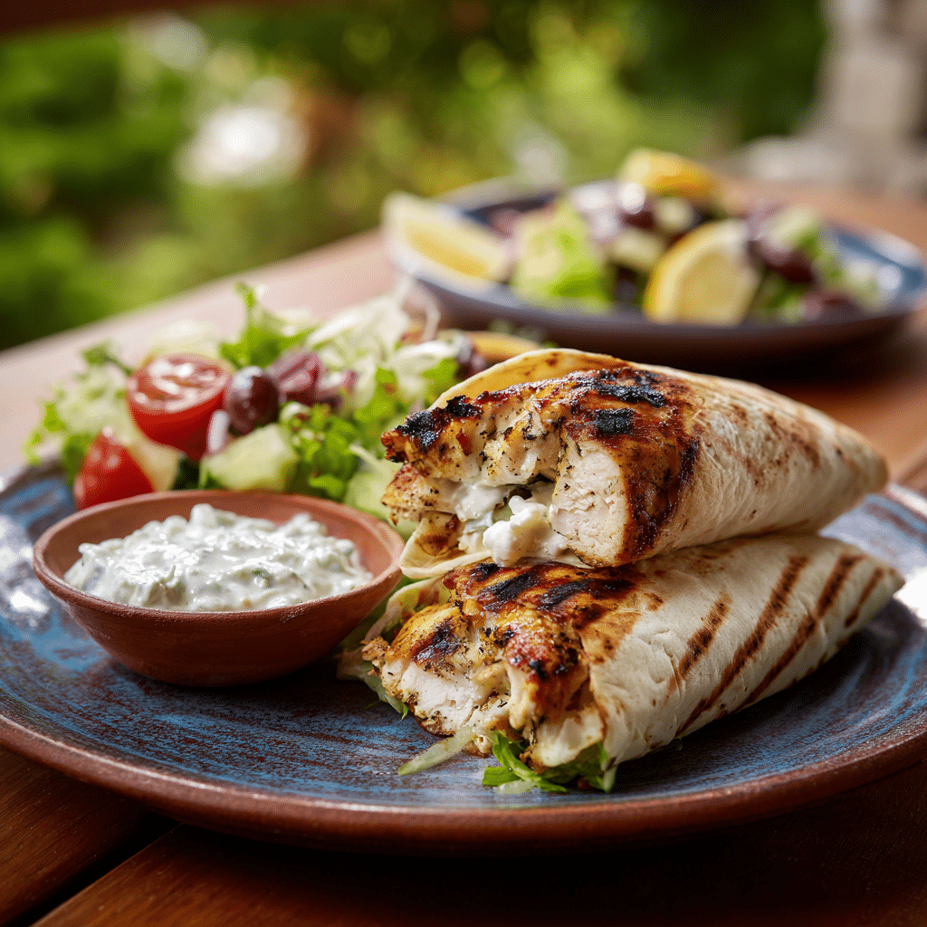Grilled chicken wrap served with tzatziki