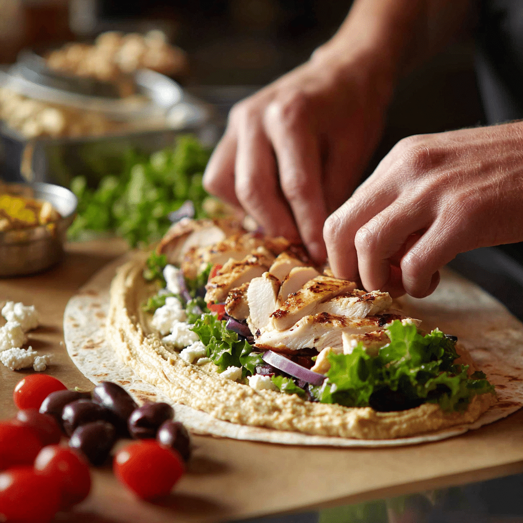 Assembling a Mediterranean chicken wrap
