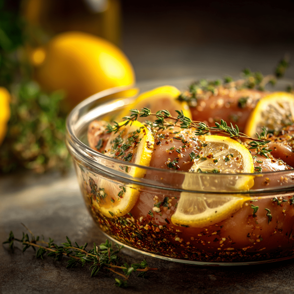 Chicken marinating in Greek lemon-herb mix