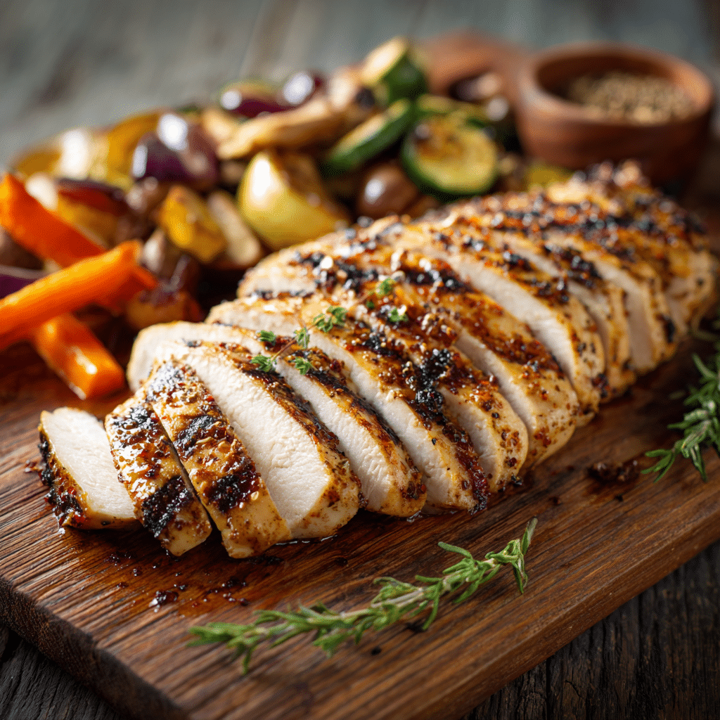 Sliced grilled chicken with roasted veggies