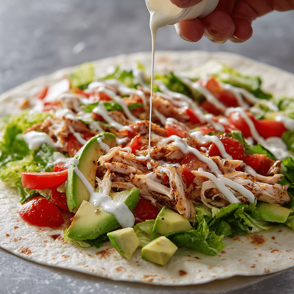 Assembling grilled chicken wrap with cowboy or spicy ranch