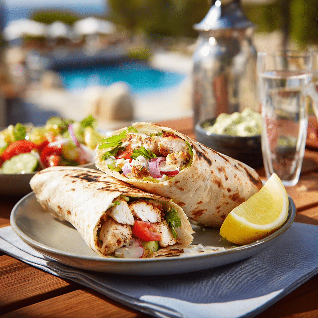 Served Mediterranean grilled chicken wrap with salad