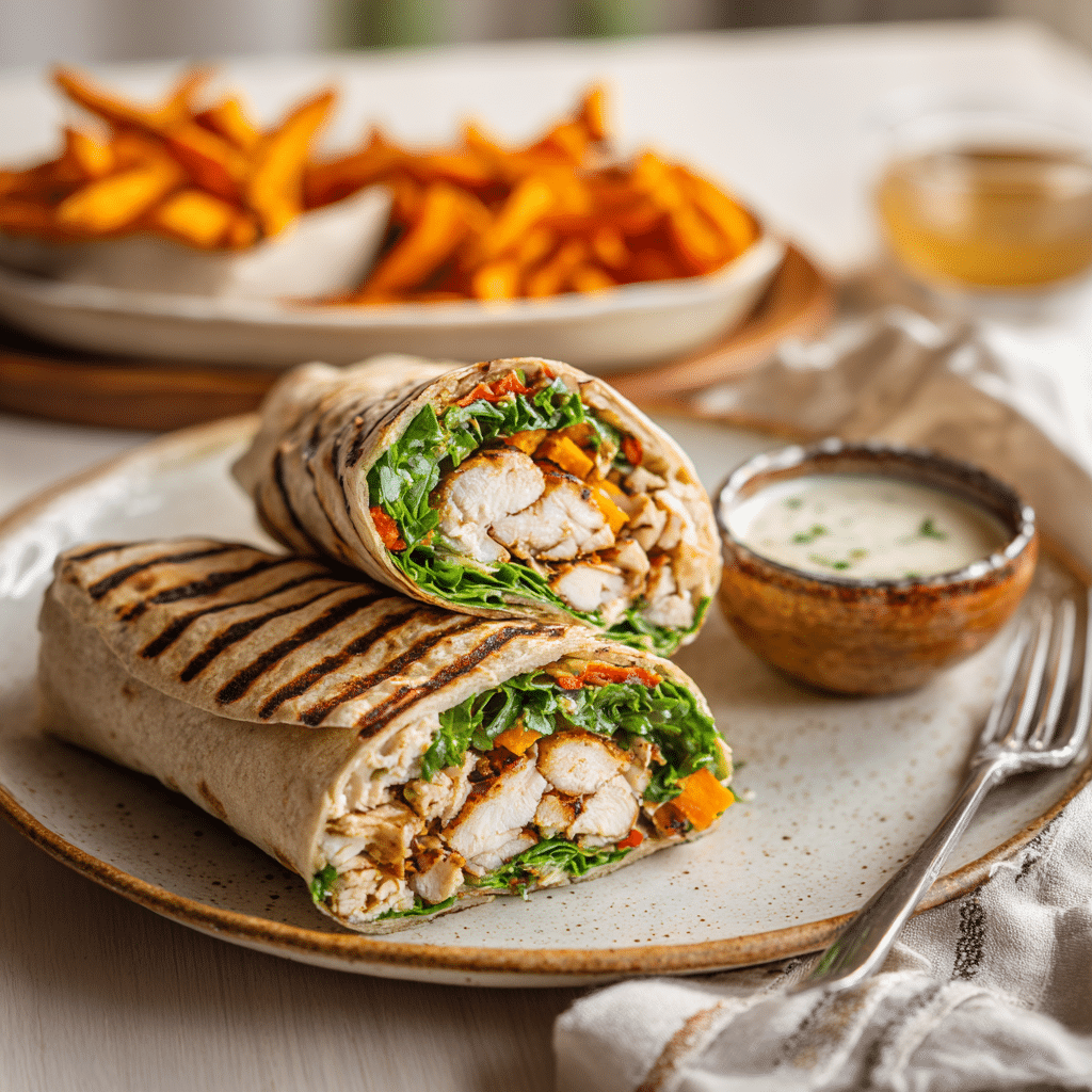 grilled chicken wrap served with fries