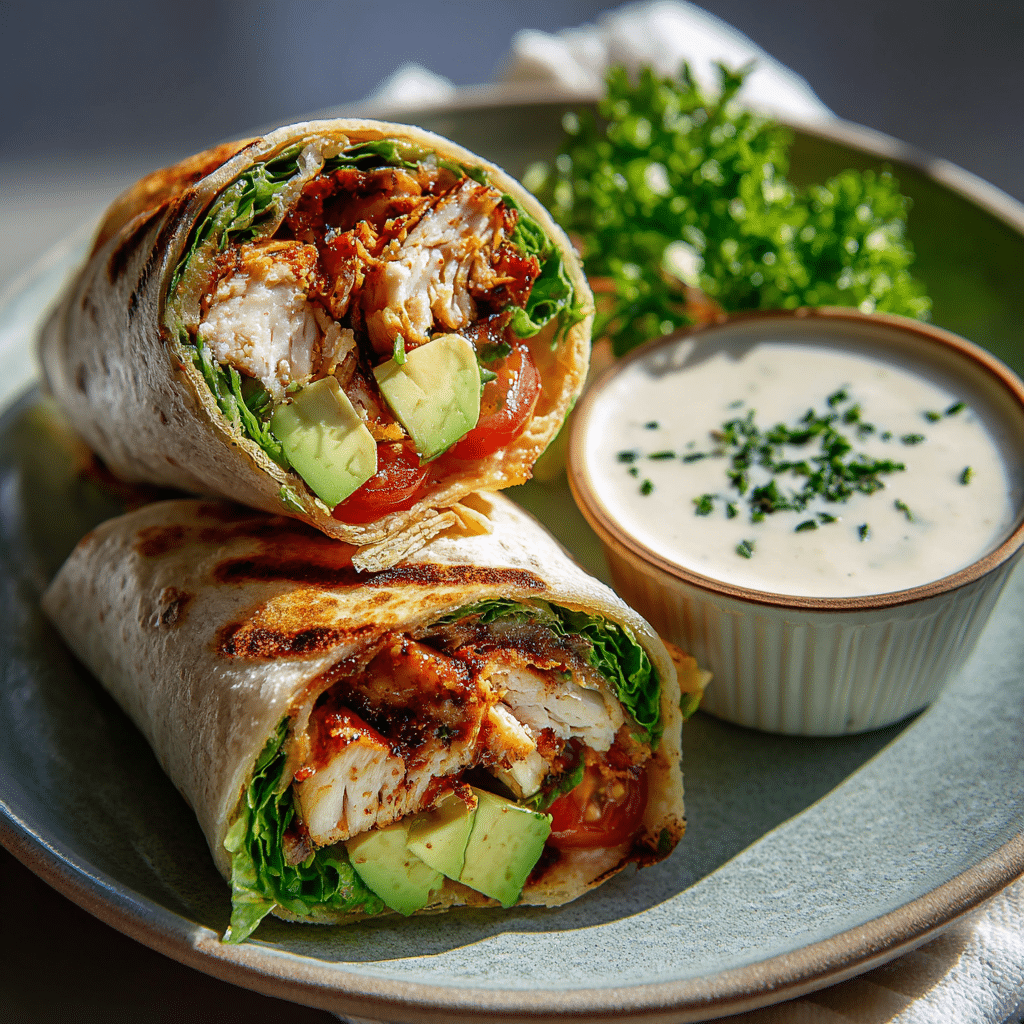 Grilled chicken wraps with avocado and spicy ranch served with fries