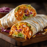 Spicy Buffalo Chicken Wrap on wooden plate