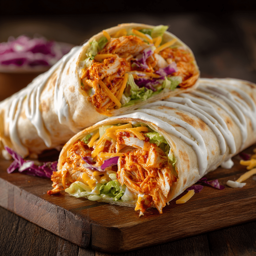 Spicy Buffalo Chicken Wrap on wooden plate