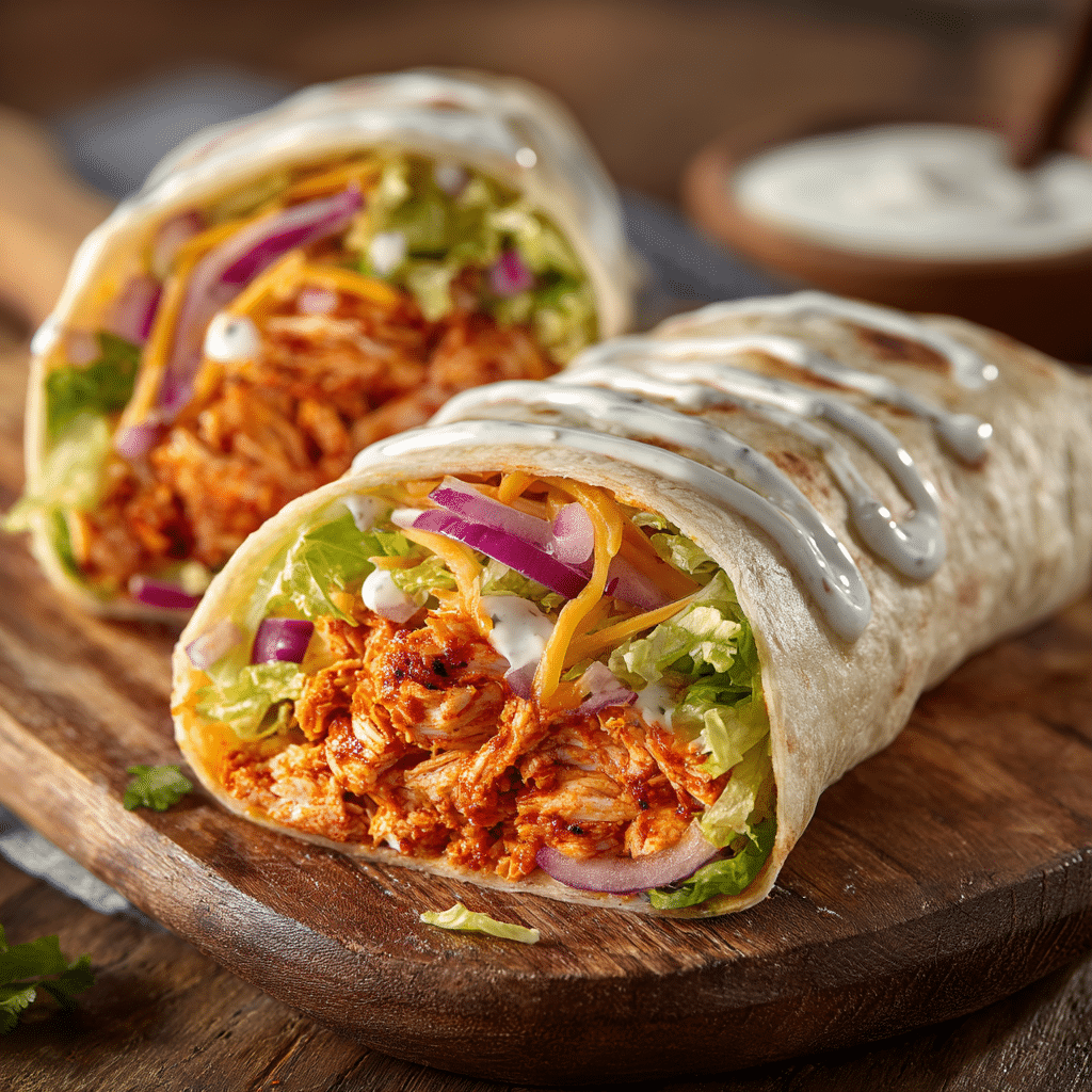 Spicy Buffalo Chicken Wrap on wooden plate