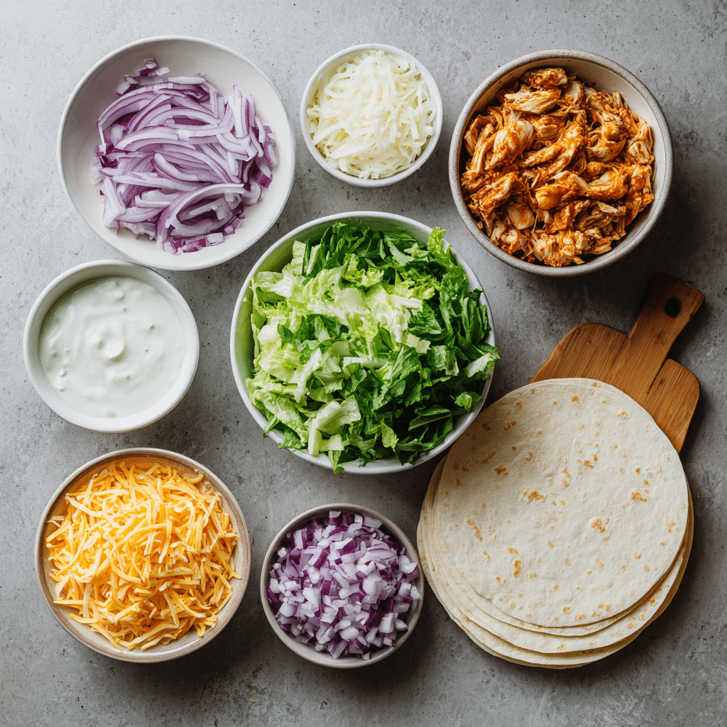 Spicy Buffalo Chicken Wrap ingredients laid out