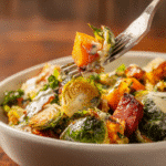 Overhead view of butternut squash and Brussels sprouts Caesar salad.