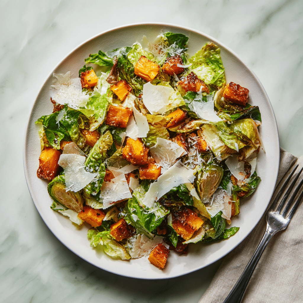 Overhead view of butternut squash and Brussels sprouts Caesar salad.