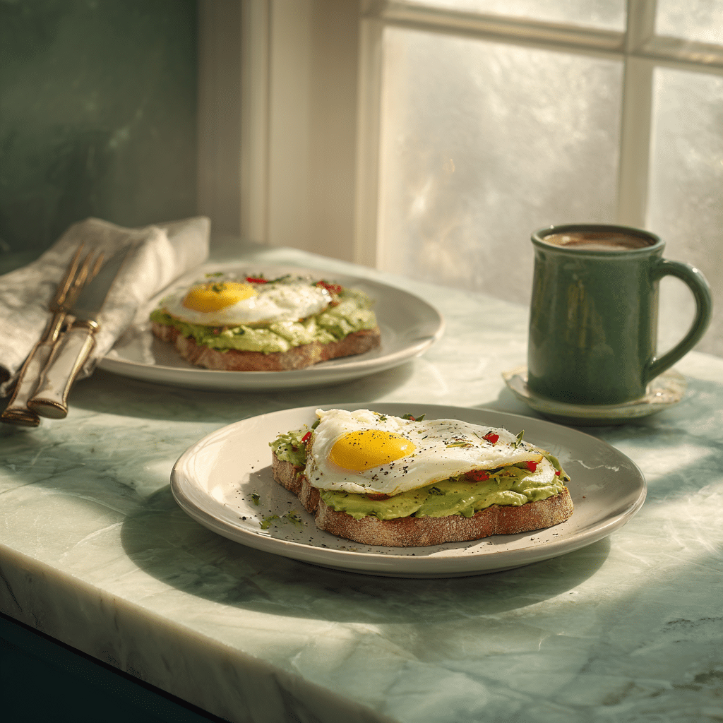 serving plate avocado toast with egg breakfast