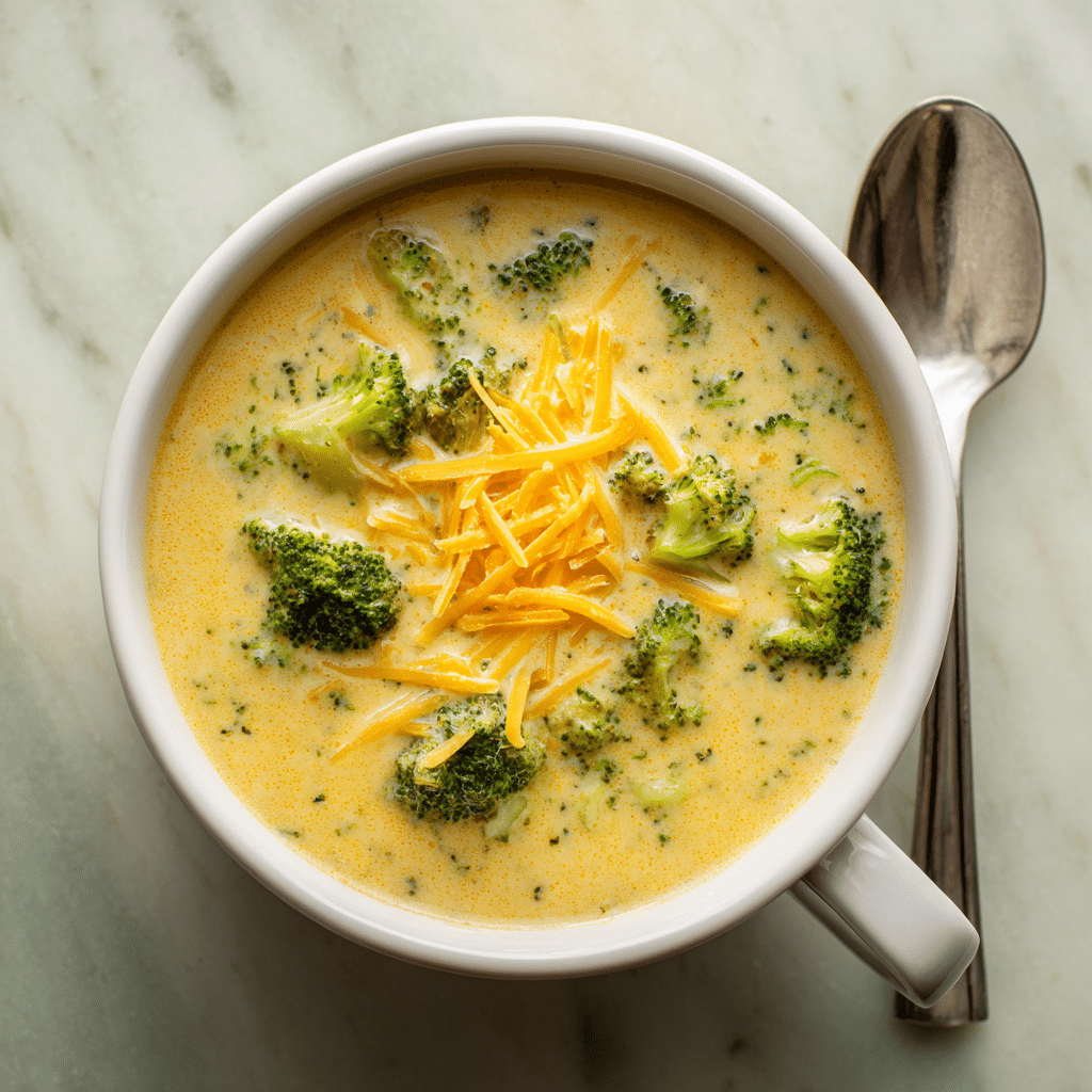 Serving broccoli cheese soup with cheddar and broccoli florets