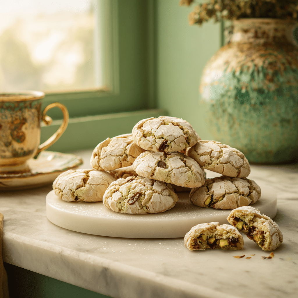 Cherry pistachio crinkle cookies served on plate