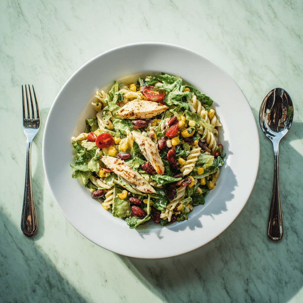 side view piece chipotle chicken chopped salad plate pasta beans avocado chicken