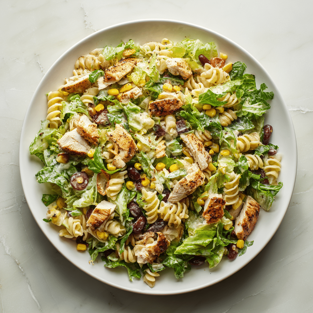 overhead shot chipotle chicken chopped salad plate on green marble