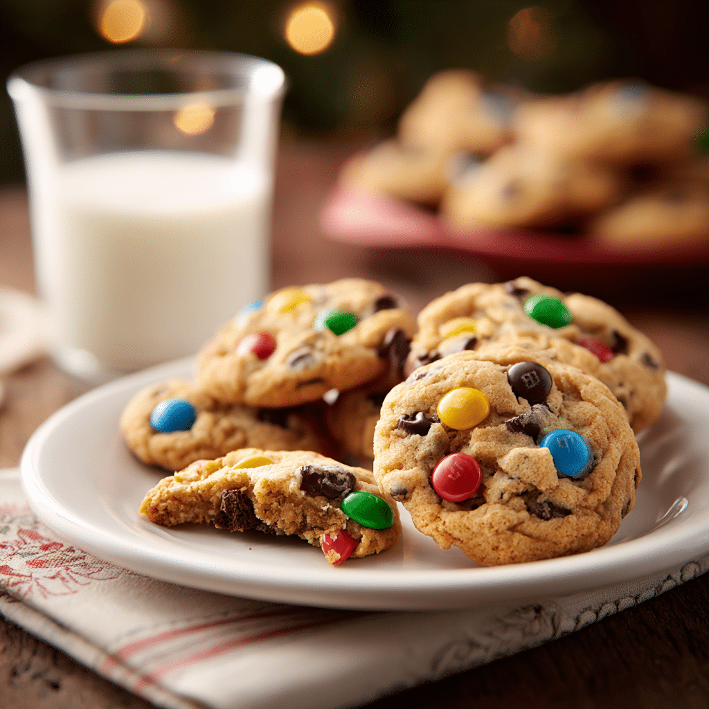 Christmas M&M Cookies served with milk on rustic table