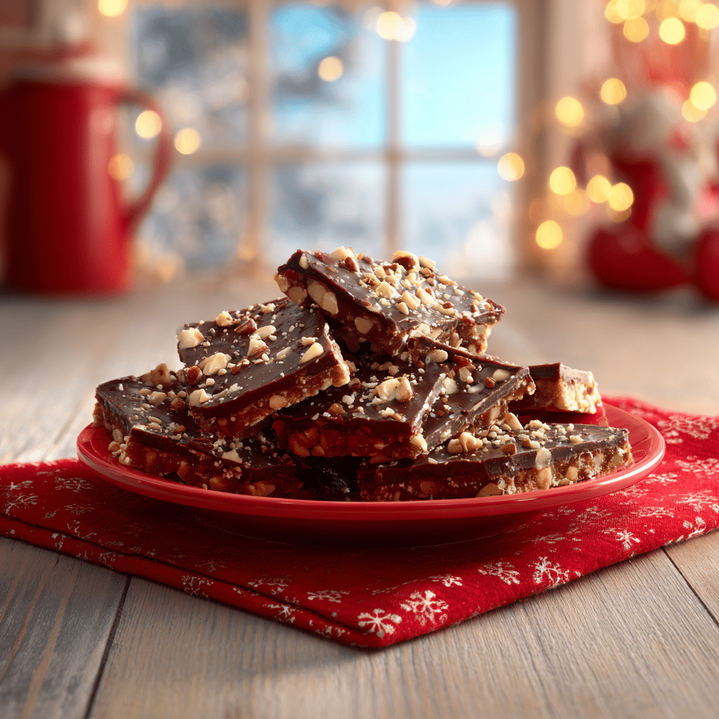 Classic Christmas toffee served on a red plate