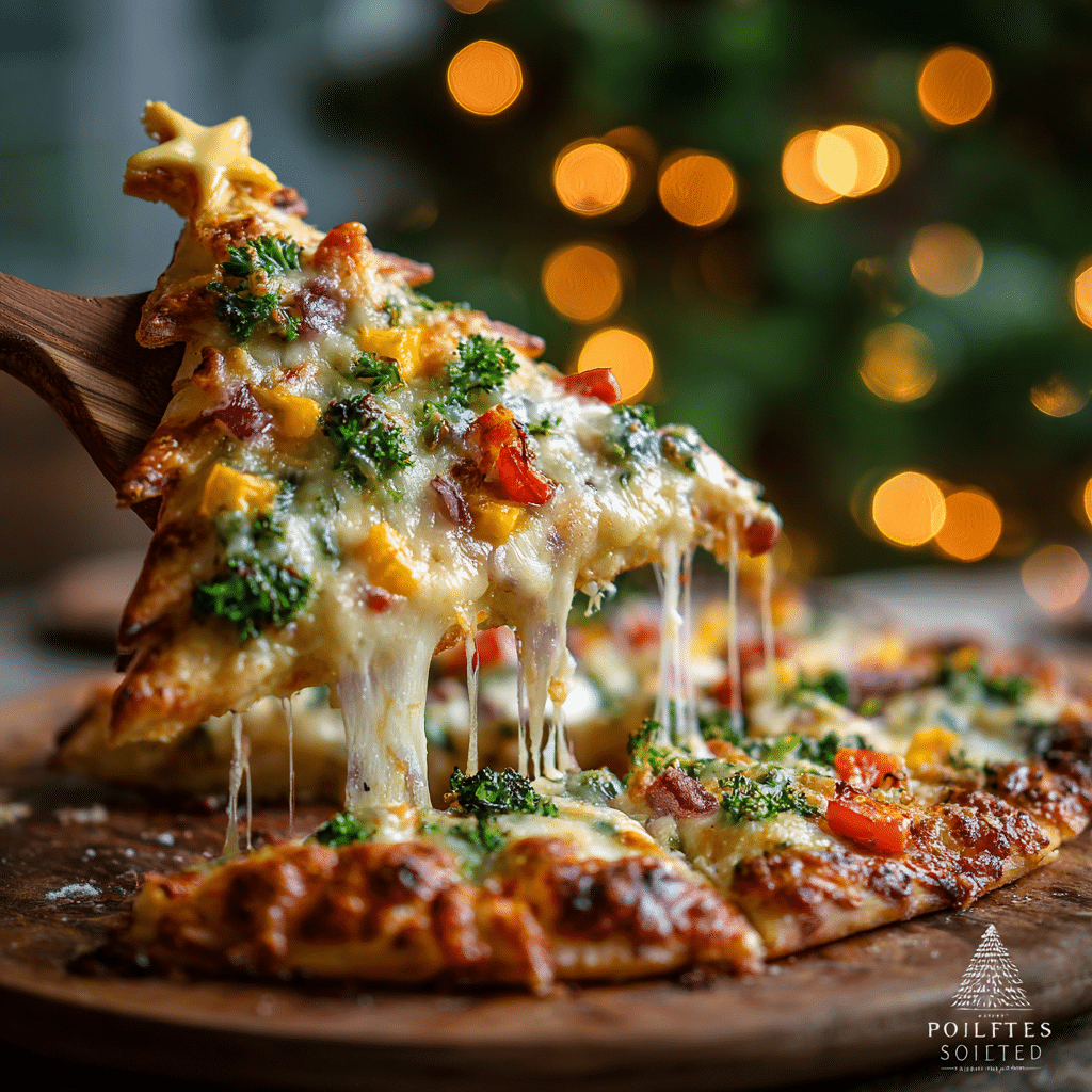 Serving slices of Christmas tree-shaped vegetarian pizza