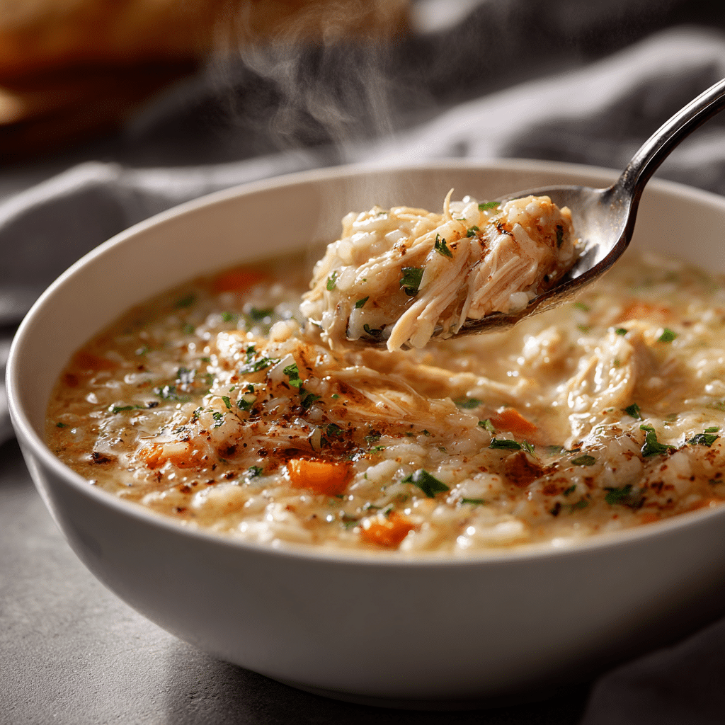 : creamy chicken and rice soup recipe in bowl
